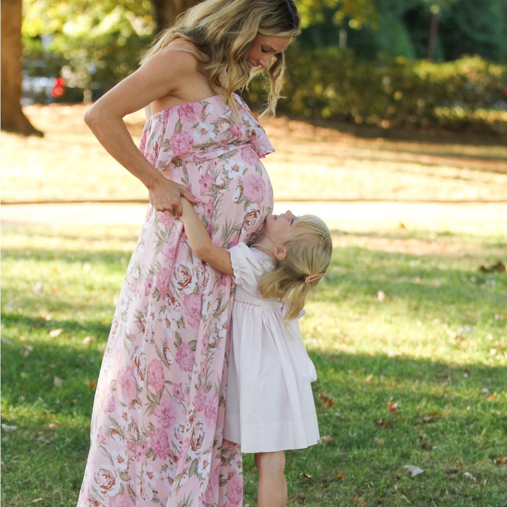 Pink Blush Pink Floral Strapless Ruffle Front Maternity Maxi Dress